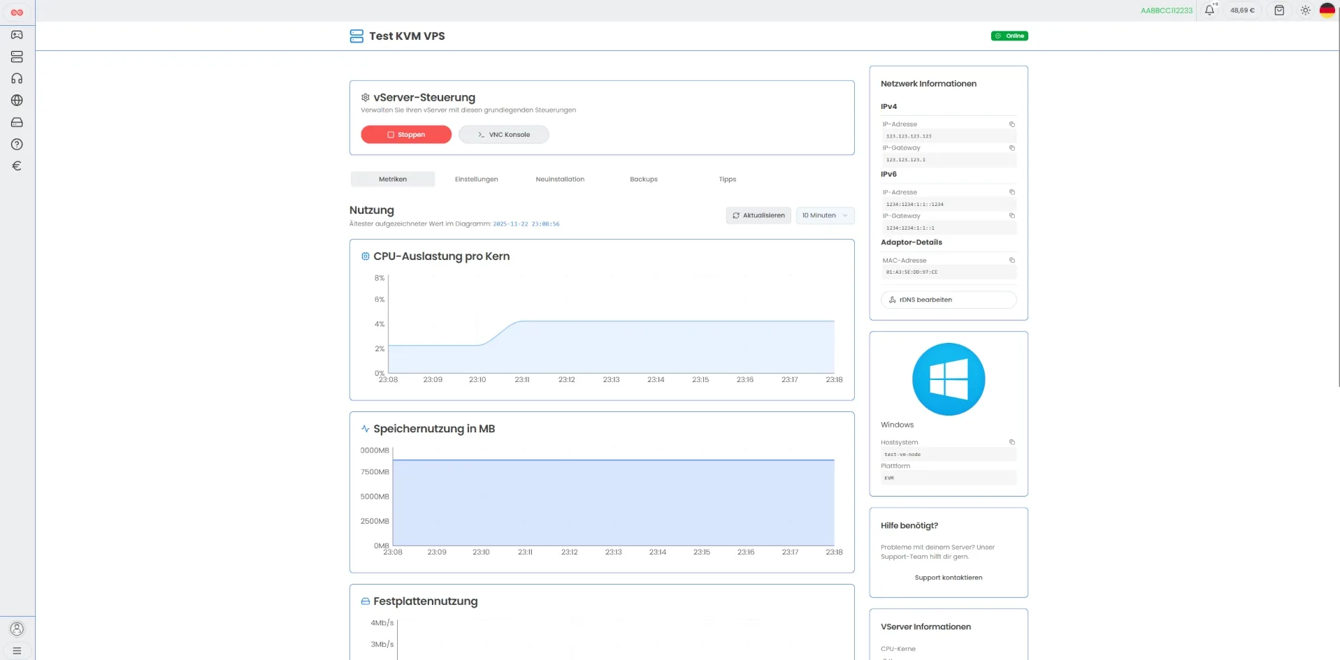 Das vServer / VPS Webinterface bei Host-Unlimited.de
