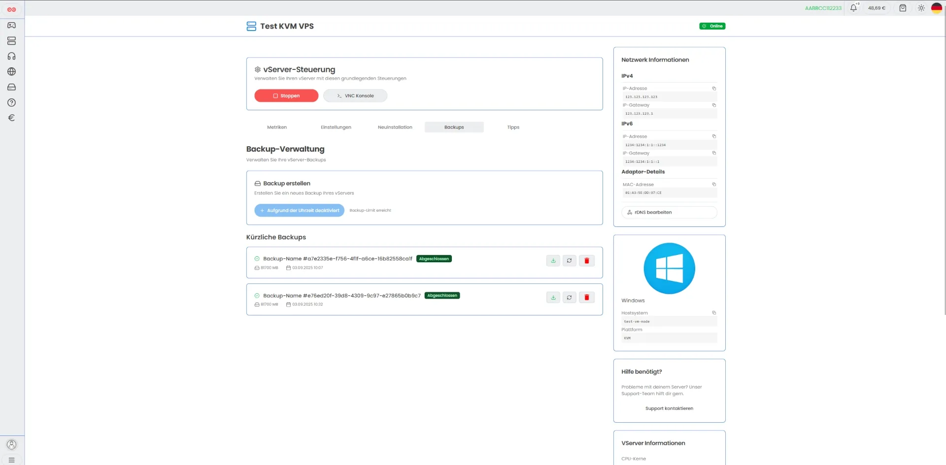 Das vServer / VPS Webinterface bei Host-Unlimited.de