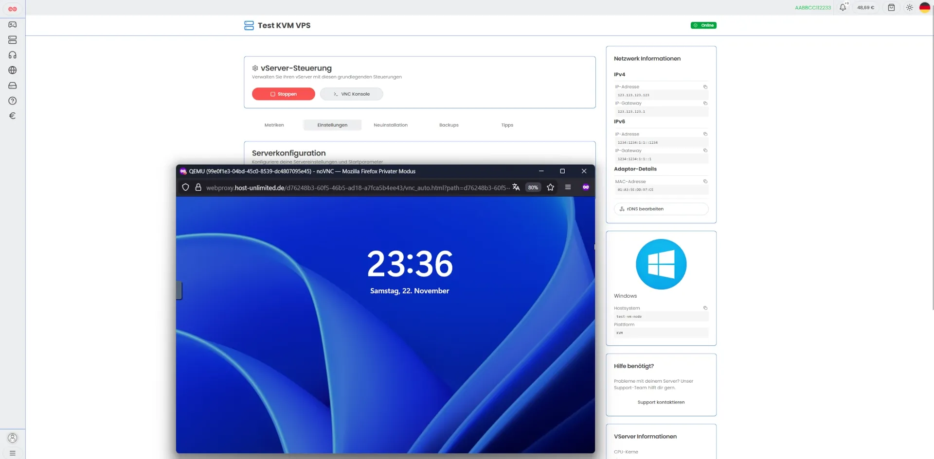 Das vServer / VPS Webinterface bei Host-Unlimited.de